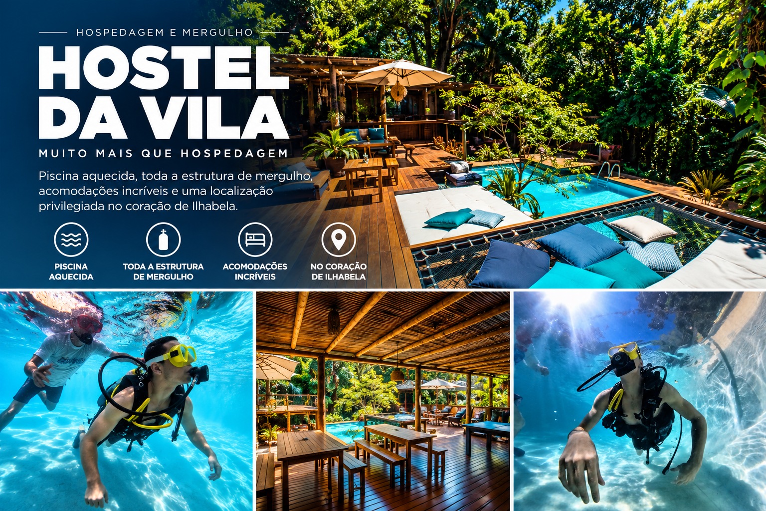 Piscina e área de lazer do Hostel da Vila em Ilhabela