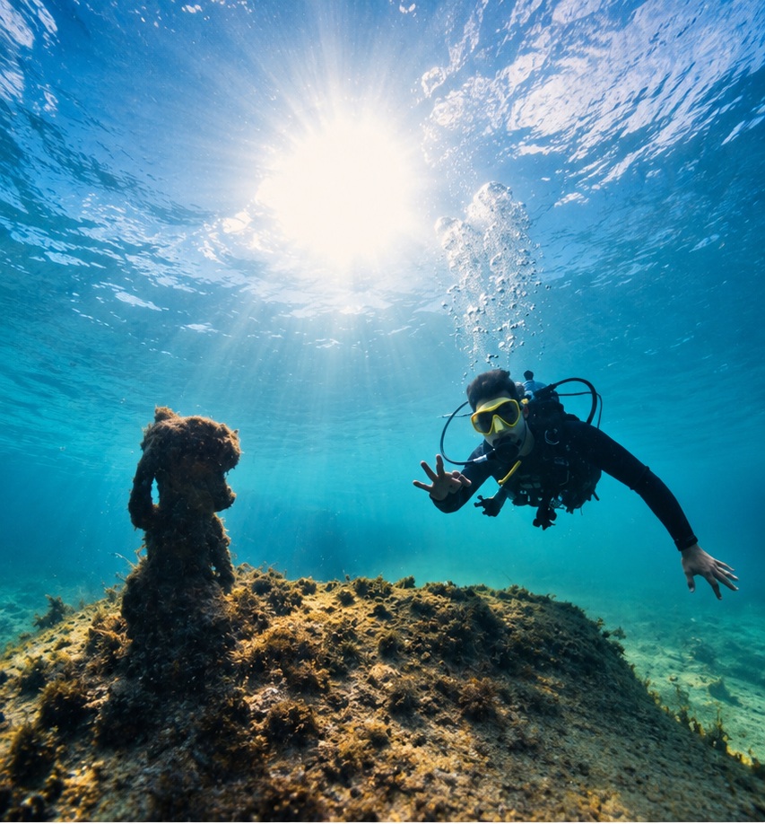 Mergulhador próximo à estátua submersa em Ilhabela